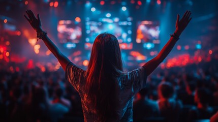 Poster - A large crowd gathers in a lively venue, immersed in a dynamic music performance under colorful lights, creating an electrifying atmosphere.