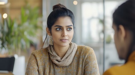 Wall Mural - A Young Woman With Dark Hair and Gold Earrings Listens Attentively