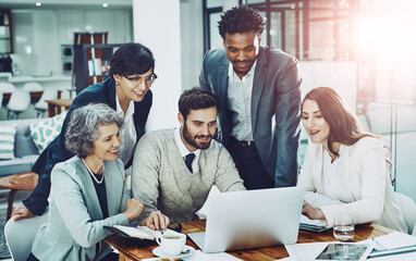 Fototapete - Laptop, smile or business people planning in meeting for team strategy or working on project in company. News, digital or happy employees smiling or talking in group discussion for growth in office