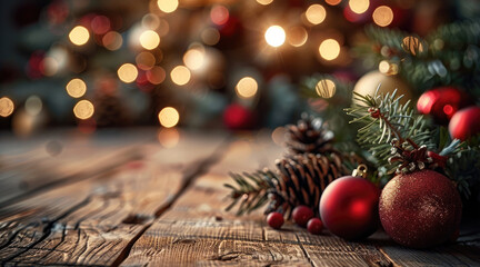 Poster - A floor or wooden table top with Christmas background.