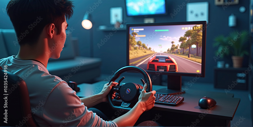 Gamer playing a car racing simulation at home with a steering wheel ...