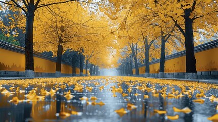 Poster - Large area of sky, after rain, autumn, ginkgo trees, yellow walls, the ground has fallen leaves, wet road.