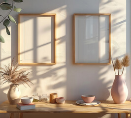 Two blank picture frames on the wall, interior design, golden hour, modern and minimalistic, colorful accessories on the table beside them, sun rays, light colors, shadows.