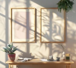 Aufkleber - Two blank picture frames on the wall, interior design, golden hour, modern and minimalistic, colorful accessories on the table beside them, sun rays, light colors, shadows.