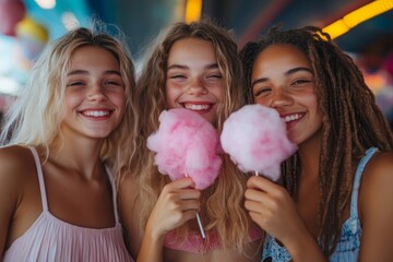 Group of friends eating cotton candy in amusement park, Generative AI