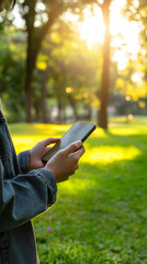 Poster - Young User Engaging with Mobile App in Sunny Park Setting  