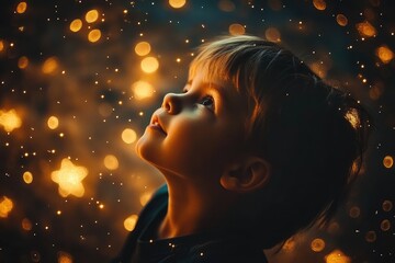 Wall Mural - toddler looking up in wonder at sparkling christmas lights