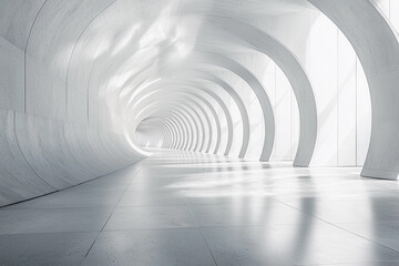 Modern architectural tunnel with white curves and bright lighting