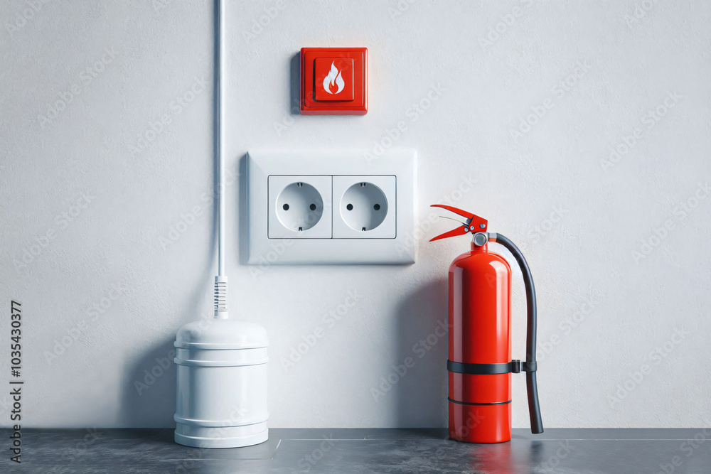 Fire safety, socket, emergency button, fire extinguisher Stock Photo ...