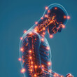 © visoot - a male human figure with joint pain. Red glowing areas surrounding each bone in his body against a blue background.