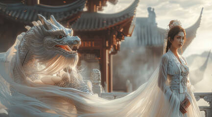 Sticker - A Chinese young woman in a flowing, designer hanfu standing beside a silver Chinese dragon In front of the ancient Chinese hall,. The dress shimmers in the evening light.