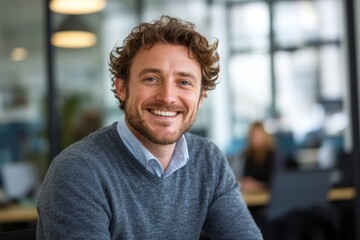 Manager smiling at the camera in a modern office, Generative AI