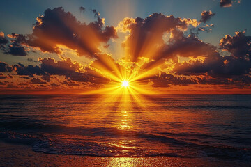 Wall Mural - Stunning sunset over the ocean with vibrant rays in the sky