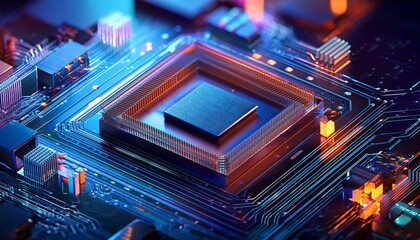 Central Processing Unit:  A mesmerizing close-up of a powerful CPU, vibrant with neon hues and intricate circuitry, highlighting the heart of modern technology. 