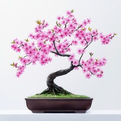 Wall Mural - Bonsai cherry blossom tree in a pot on a white background.