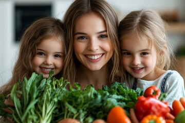 Cheerful young mother gathering fresh vegetables with her children, Generative AI