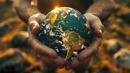 Aufkleber - A globe world with some growth, being held by manly hands, and sunshine.