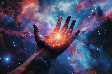 Wall Mural - The hand of a man on the background of space