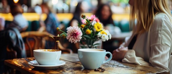 Two women are sitting at a table in a cafe, laughing