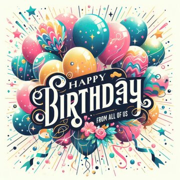 Create illustration a festive birthday card design featuring a mix color balloons with a sparkling confetti background. Incorporate the text 'Happy Birthday' prominently in a stylish font, ai