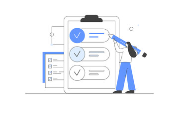 Aufkleber - Online Survey, Rating Icon. Character Filling Survey Form, putting Check Marks on Checklist, Feedback. User Experiences Concept. Flat Cartoon Vector Illustration. Minimalist line, abstract