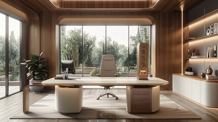 CEO office with desk, desktop, and window, modern stylish office with floor-to-ceiling windows.