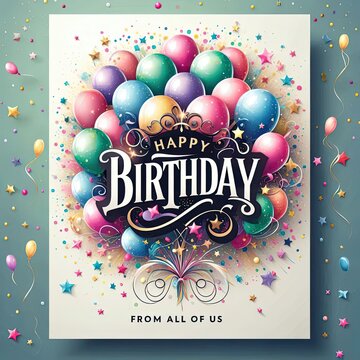 Create illustration a festive birthday card design featuring a mix color balloons with a sparkling confetti background. Incorporate the text 'Happy Birthday' prominently in a stylish font, ai