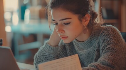 Wall Mural - A young woman with long brown hair and a gray knitted sweater reads paperwork while sitting at a table indoors.