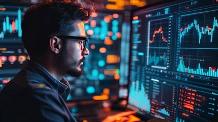 Poster - A man is looking at a computer screen with a lot of numbers and graphs