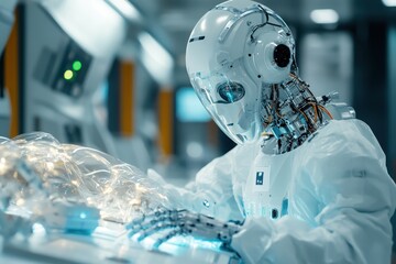 Poster - A humanoid robot engages with complex data in a high-tech lab filled with illuminated equipment
