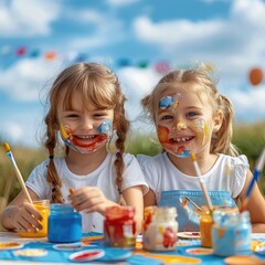 Sticker - Two cute little girl is sitting at the table, holding paintbrushes and drawing on her face with colorful paints. wearing white short-sleeved shirt, smiling happily while painting.