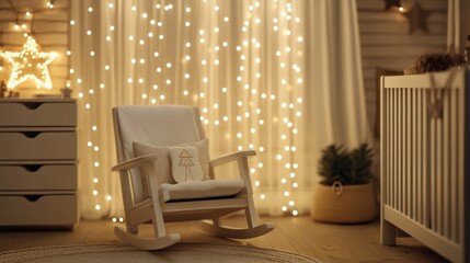 Cozy nursery with a rocking chair and twinkling lights.