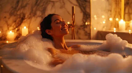 Poster - A woman enjoys a soothing bubble bath in a beautifully designed bathroom. Soft candlelight creates a calming environment as she relaxes, emphasizing self-care and tranquility after a long day.
