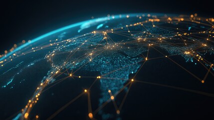 Fototapete - The artwork features an abstract depiction of Earth, emphasizing global networks and cyber technology in a dark setting.