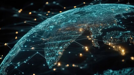Fototapete - The artwork features an abstract depiction of Earth, emphasizing global networks and cyber technology in a dark setting.