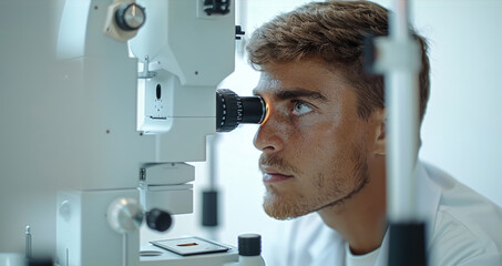 A doctor performing an eye exam on a patient in a clinic, with a white background and an eye chart and equipment.