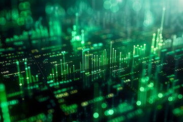 Poster - Close-up shots of stock market candle stick charts, graphs showing trends, and financial data analytics, green colored, cinematic