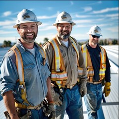 Poster - Three roofing contractors on commercial roof.