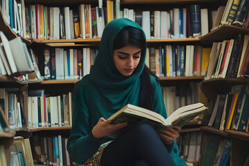 A young middle eastern woman sits in a library, absorbed in reading a book while surrounded by shelves filled with books and soft light highlighting her concentration