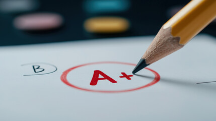 close up of exam paper showing A+ grade circled in red, with pencil poised to write. This captures excitement of academic achievement and success