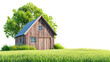 © Nattapol - rustic wooden house surrounded by lush green grass and large tree creates serene countryside scene. This charming structure evokes sense of tranquility and simplicity