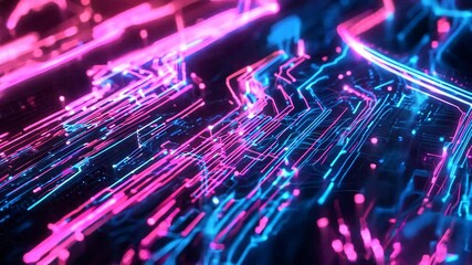 A colorful, abstract image of a computer circuit board with purple