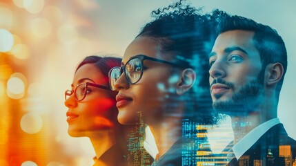 Diverse professionals in profile, overlaid with city skyline at sunset. Multiple exposure effect blends faces with urban landscape, symbolizing unity and progress.