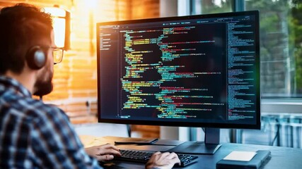 Poster - A man is sitting in front of a computer monitor, typing on a keyboard