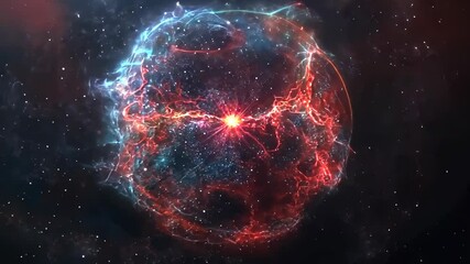 Wall Mural - a glowing, red and blue sphere is seen in the middle of a dark space