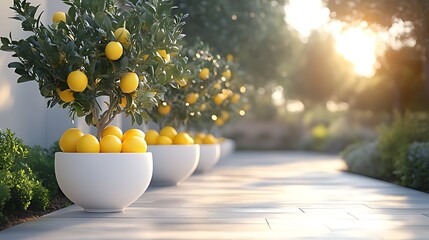 Wall Mural - A row of lemon trees in white pots lining a stone path in a garden setting, with the sun shining through the leaves.