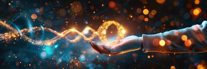 Hand holding virtual reality infinity symbol community connection of metaverse world global network technology system and abstract loop sign element on innovation digital communication 3d background