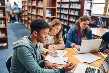 Poster - Students, group and learning with reading, laptop and development in campus library at university. People, men and women with books, review and thinking by computer with planning for exam at college