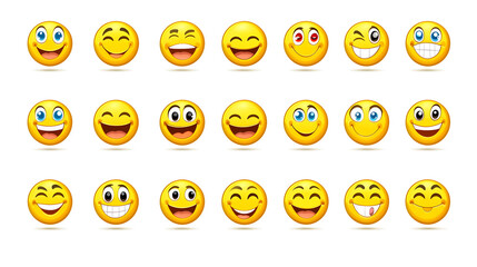 A variety of cheerful emoji faces expressing joy.