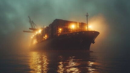 Aufkleber - A large cargo ship, shrouded in fog, glows with bright lights in a harbor. The early morning ambiance highlights the vessel's importance in maritime trade.
